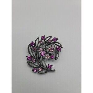Vintage Pink Rhinstone Swirl Floral Brooch Silver Tone Jewelry Costume